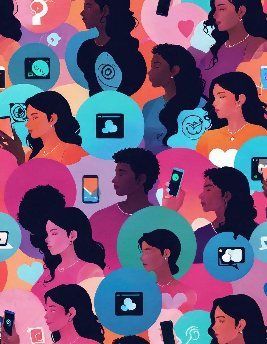 An intriguing collage featuring a gradient of adult media content, transitioning from sensual art to more explicit representations, with silhouettes of diverse individuals exploring digital platforms on their devices. The background is a swirling blend of soft, seductive colors that gradually shift to bold, eye-catching hues. Include subtle hints of iconic online symbols like play buttons and hearts to represent online adult media. Use a modern, digital art style to convey a dynamic and engaging atmosphere. vibrant colors. modern digital art.