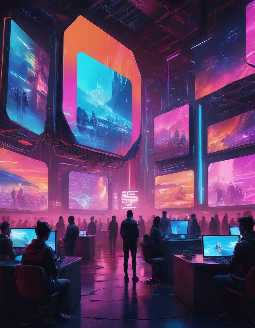 A futuristic, digital landscape featuring a diverse group of people engaging with various devices, surrounded by visually striking elements representing adult streaming, like abstract video screens and playful neon lights. Include symbols of safety like shields or locks to signify secure streaming, and a sense of enjoyment illustrated through lively expressions. The overall mood should balance sophistication and playfulness. vibrant colors. cyberpunk aesthetic.