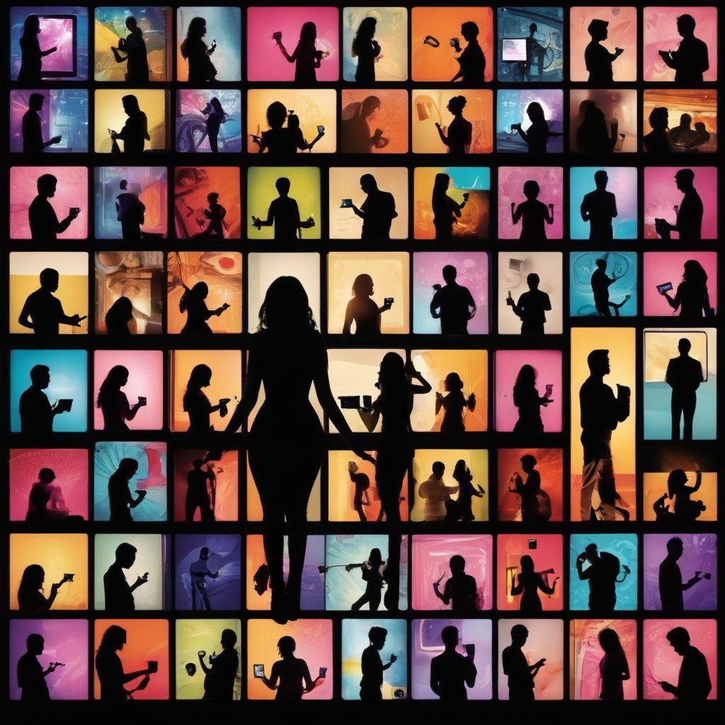 A captivating digital collage featuring various silhouettes of people exploring screens showcasing adult video content, with a key unlocking a chest of vibrant, colorful thumbnails representing adult genres. The background should have soft digital graphics hinting at the online world, incorporating symbols like locks and keys to emphasize the theme of unlocking. super-realistic. vibrant colors. abstract background.